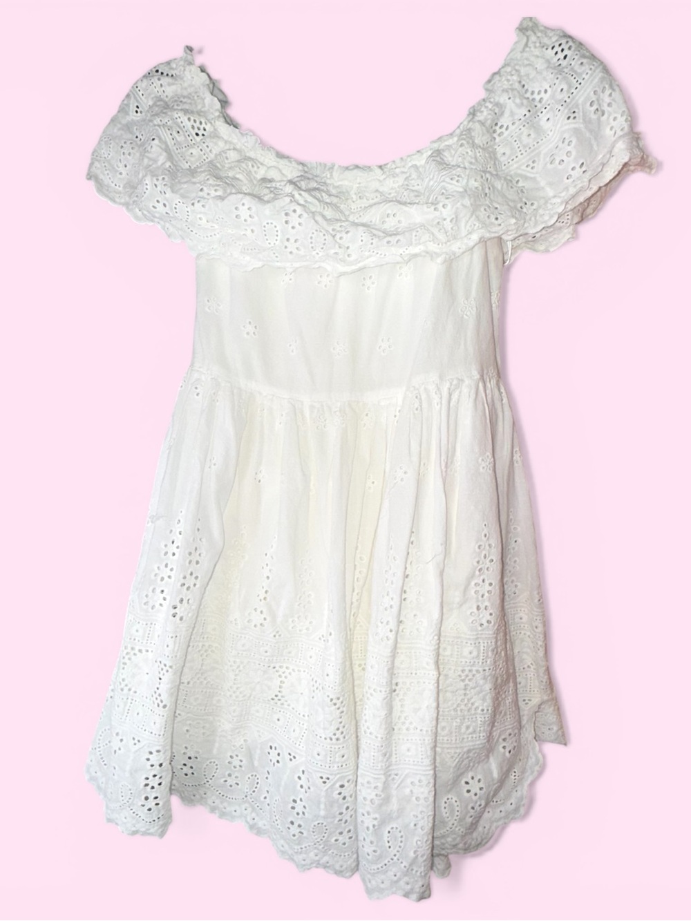 Lulus - White Eyelet Off Shoulder Babydoll Mini Dress Boho Cottagecore - Size XL